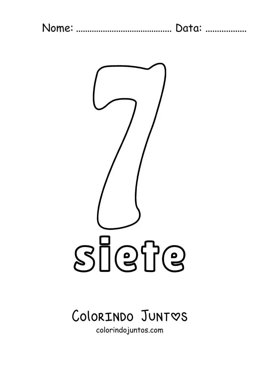 Desenho para colorir de ficha do número 7 para aprender os números naturais