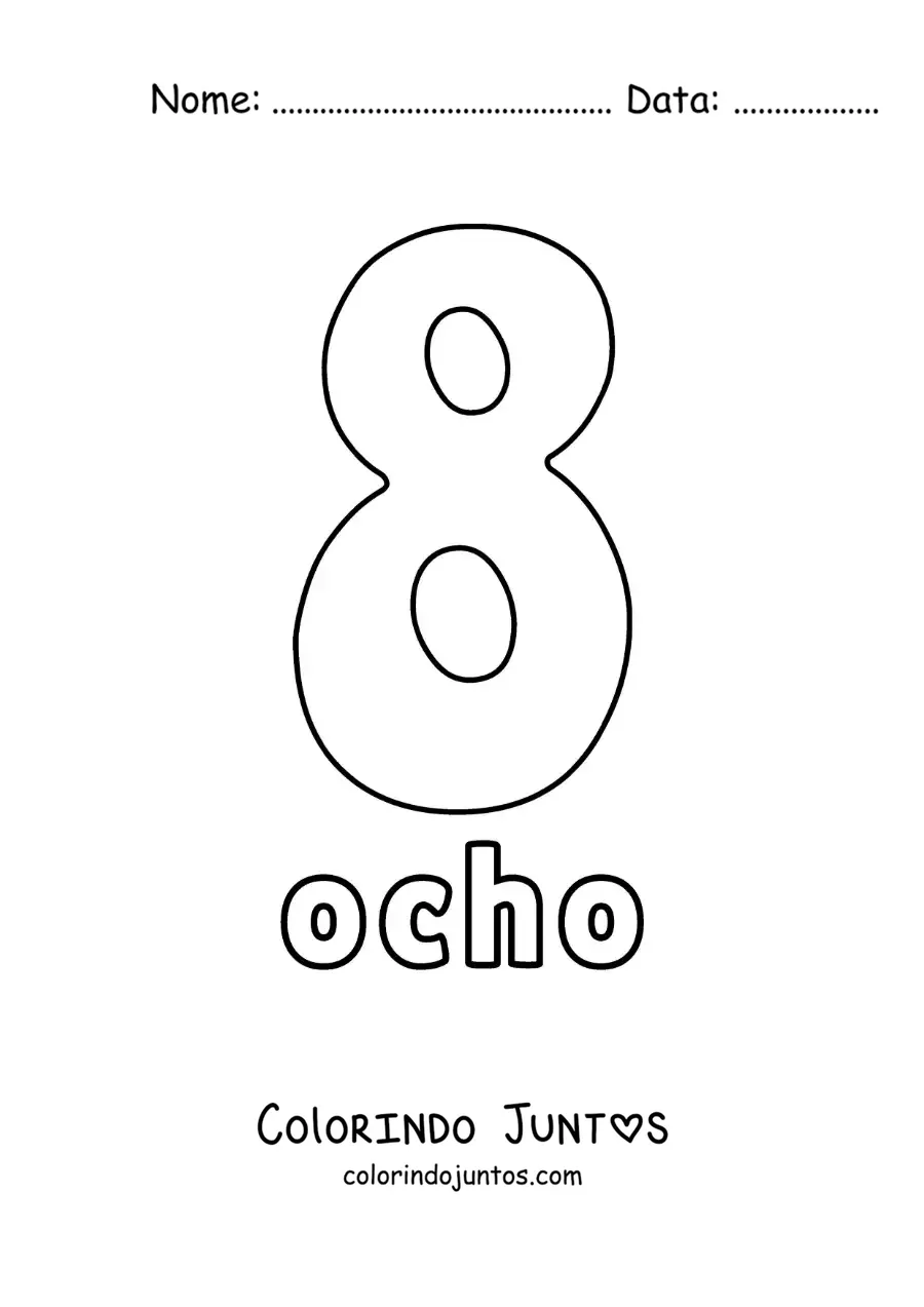 Desenho para colorir de ficha do número 8 para aprender os números naturais