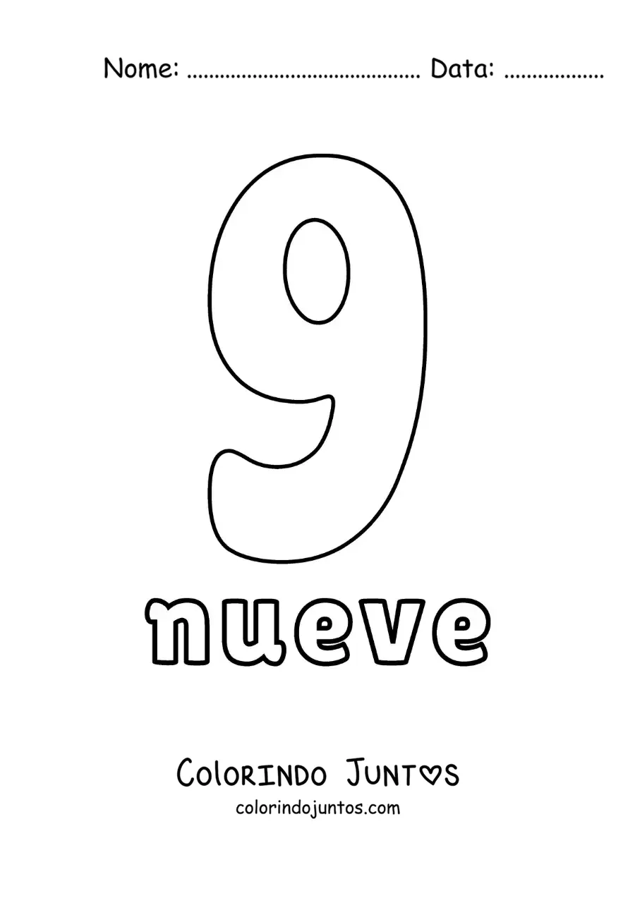 Desenho para colorir de ficha do número 9 para aprender os números naturais