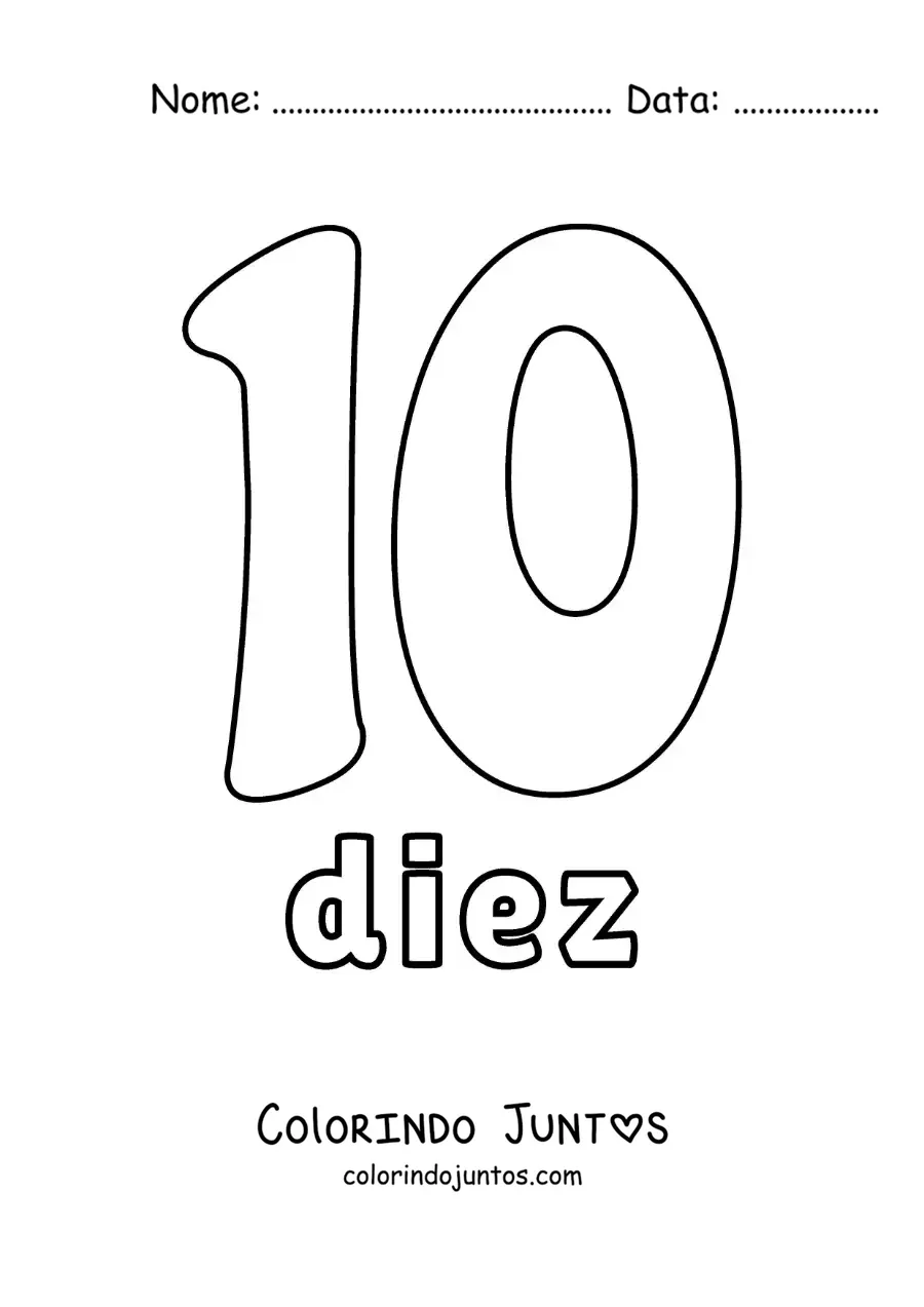 Desenho para colorir de ficha do número 10 para aprender os números naturais