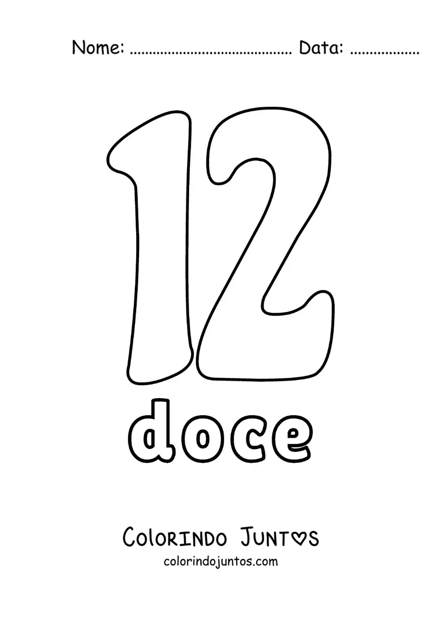 Desenho para colorir de ficha do número 12 para aprender os números naturais