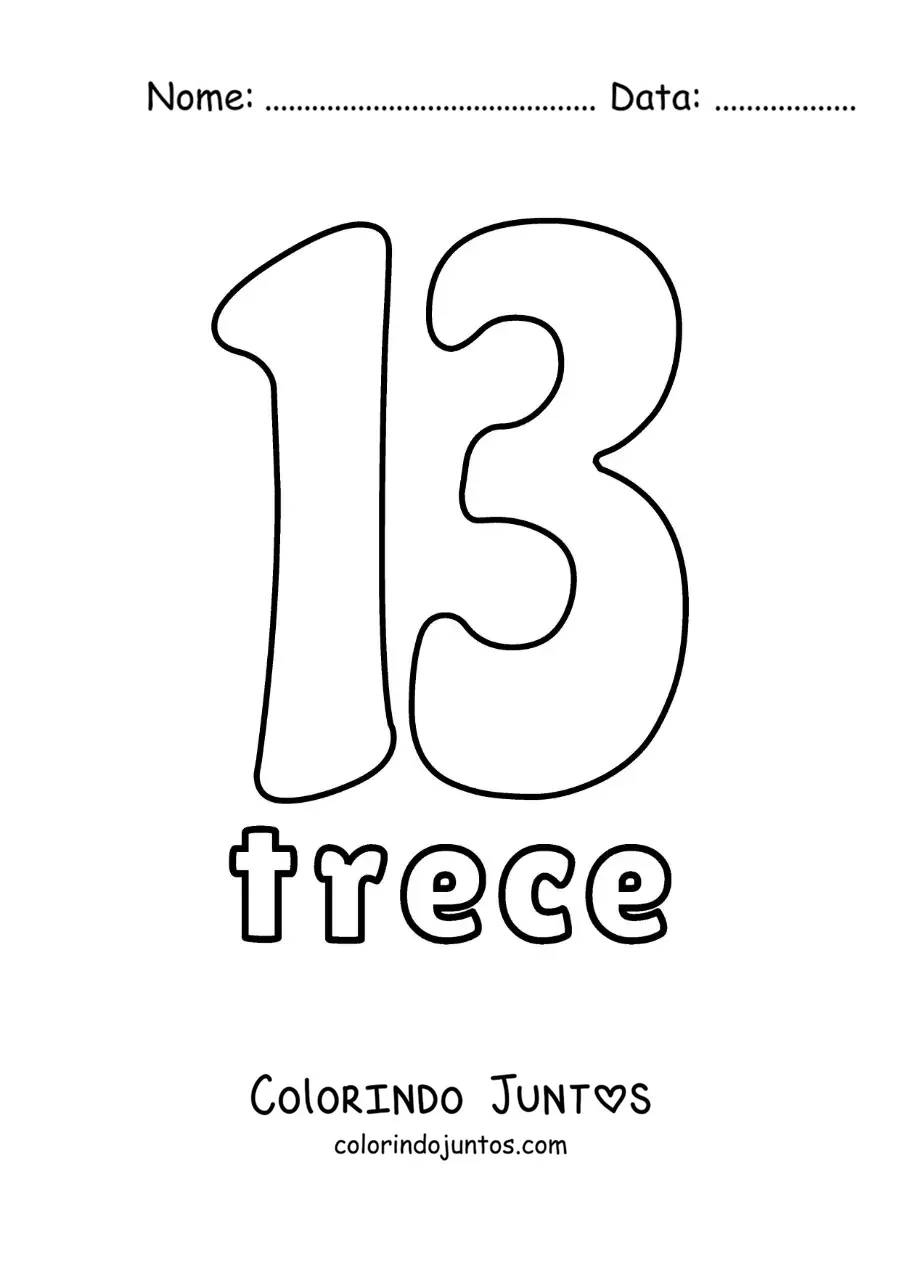 Desenho para colorir de ficha do número 13 para aprender os números naturais