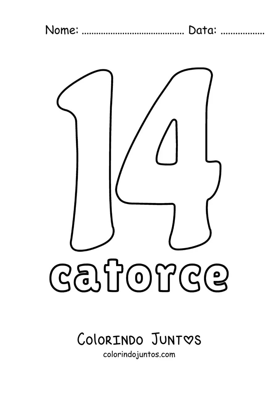 Desenho para colorir de ficha do número 14 para aprender os números naturais