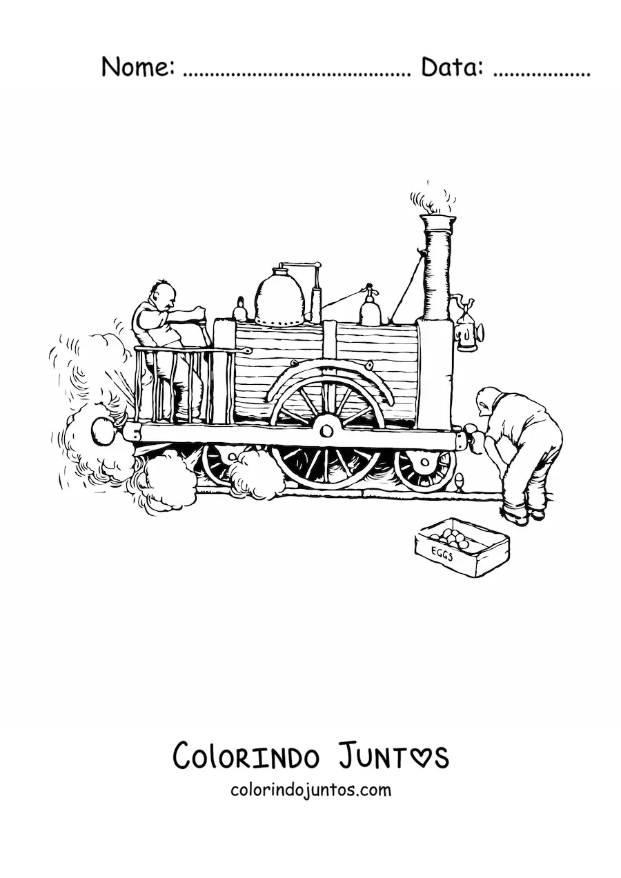Desenho para colorir de dois homens testando uma locomotiva antiga