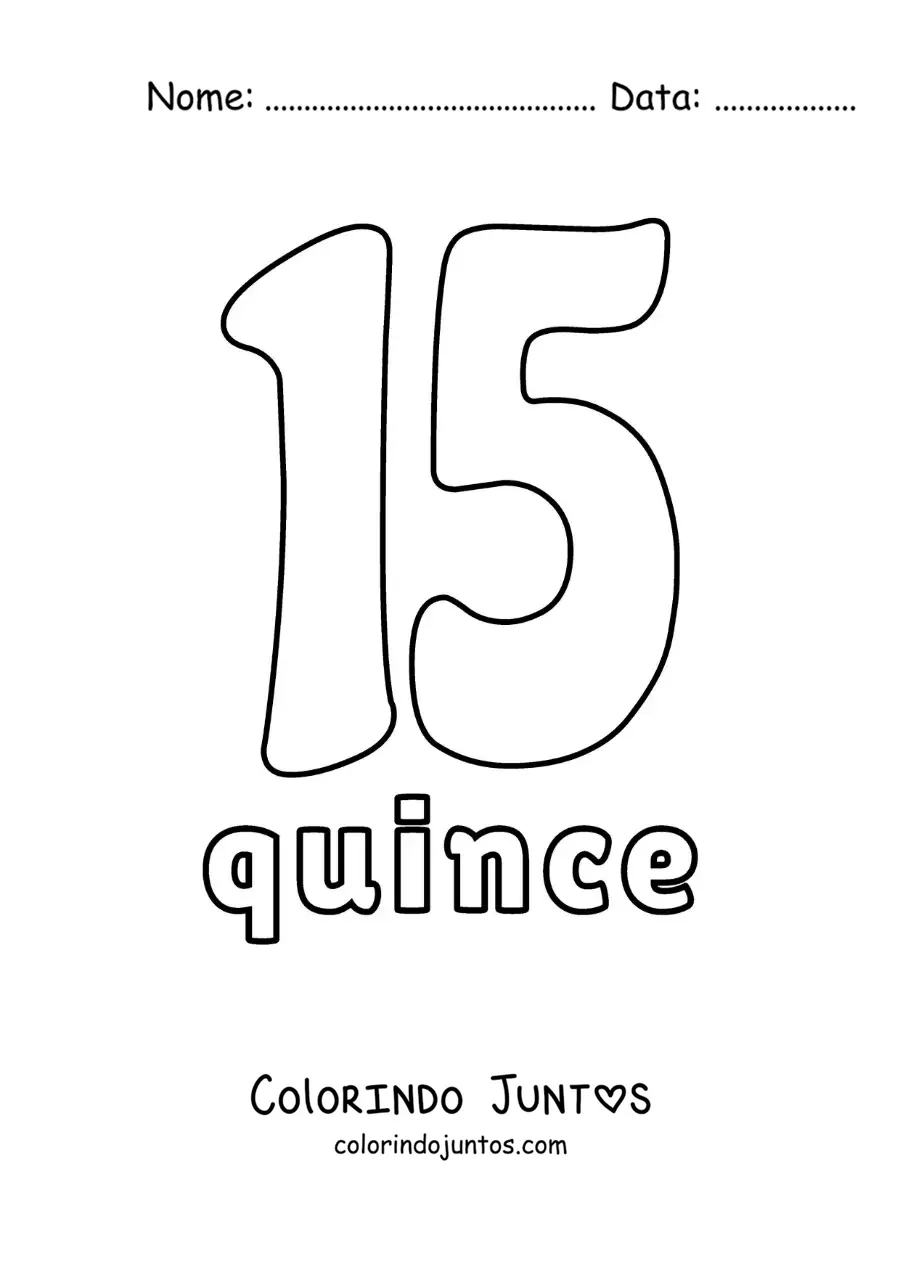 Desenho para colorir de ficha do número 15 para aprender os números naturais
