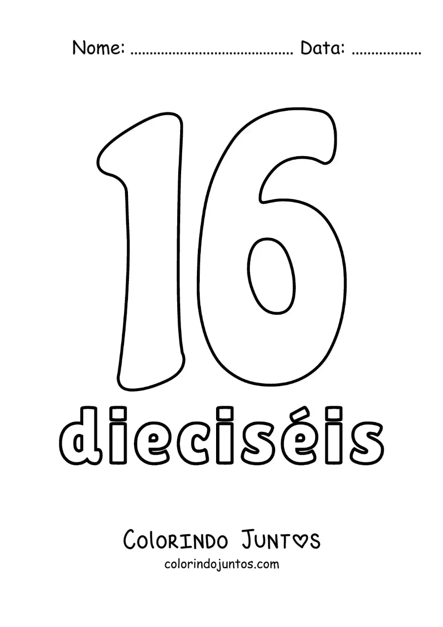 Desenho para colorir de ficha do número 16 para aprender os números naturais