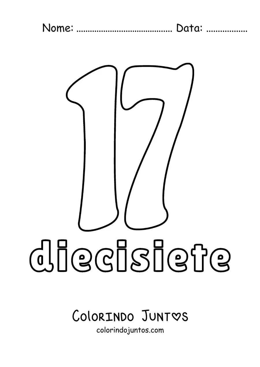 Desenho para colorir de ficha do número 17 para aprender os números naturais