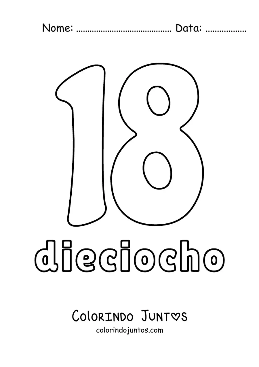 Desenho para colorir de ficha do número 18 para aprender os números naturais