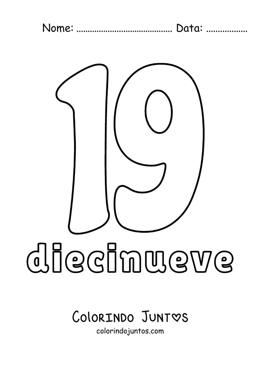 Desenho para colorir de ficha do número 19 para aprender os números naturais
