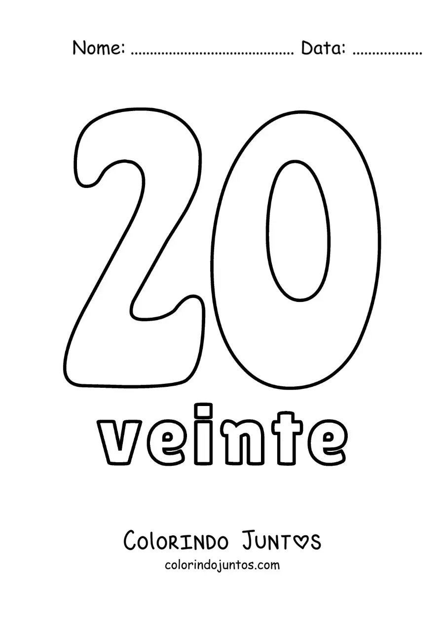 Desenho para colorir de ficha do número 20 para aprender os números naturais