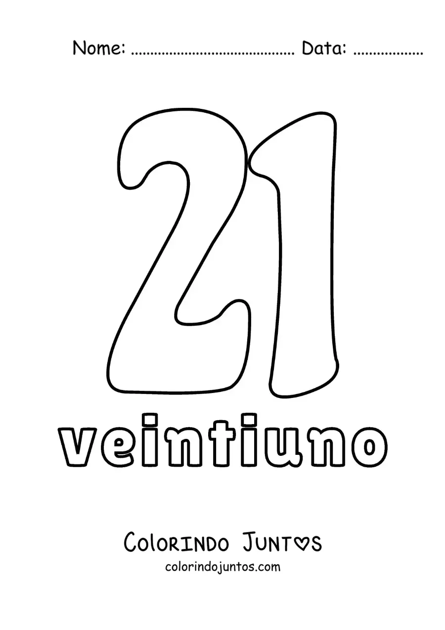 Desenho para colorir de ficha do número 21 para aprender os números naturais