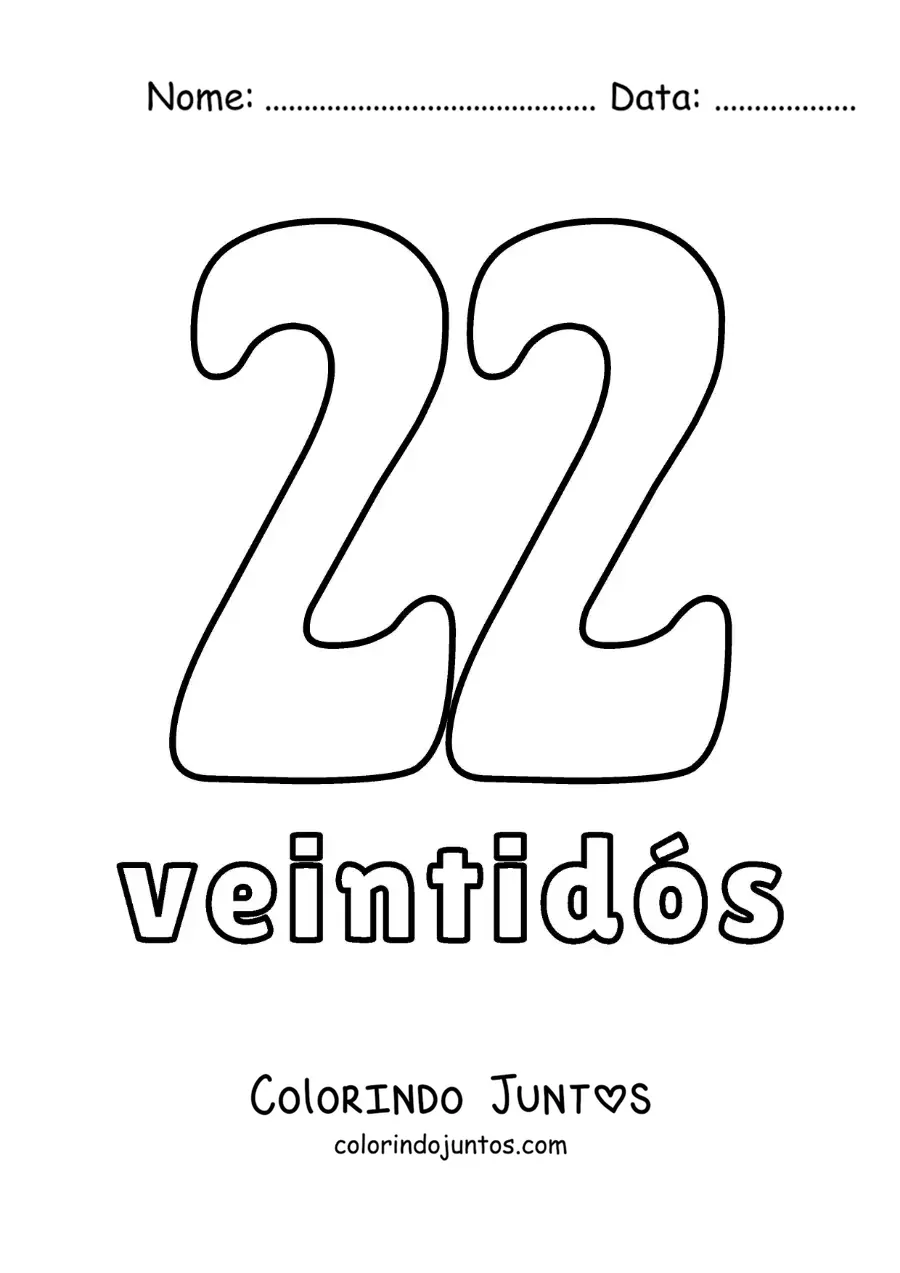 Desenho para colorir de ficha do número 22 para aprender os números naturais