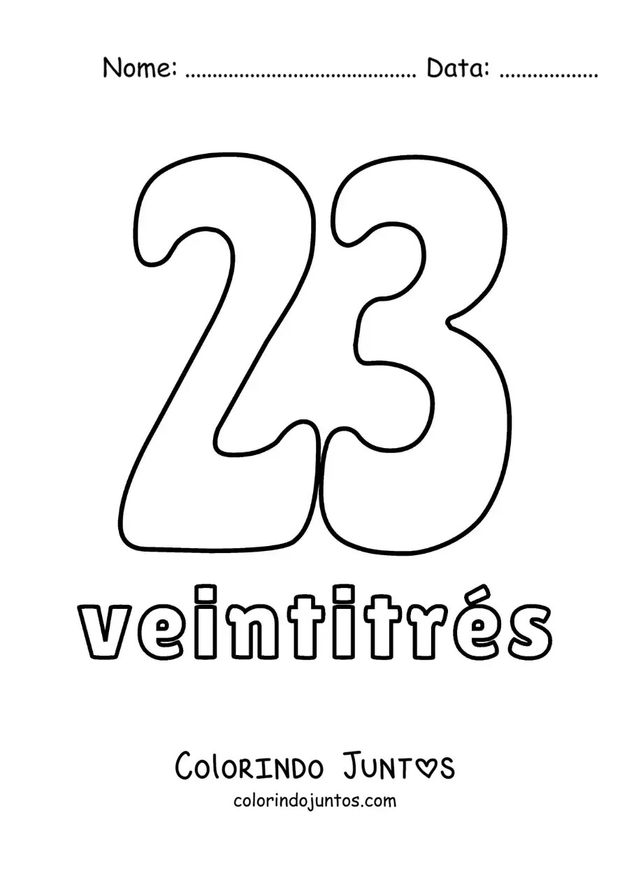 Desenho para colorir de ficha do número 23 para aprender os números naturais