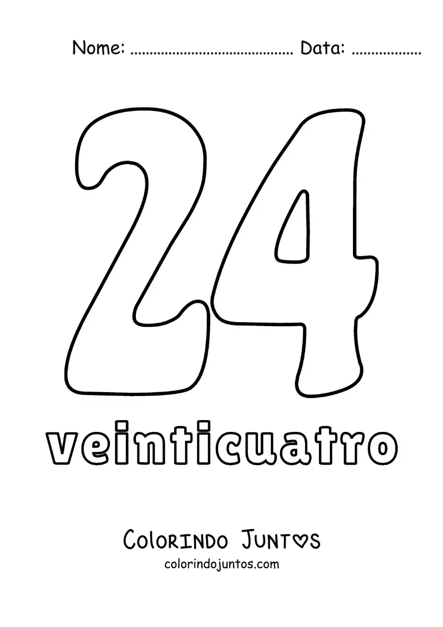 Desenho para colorir de ficha do número 24 para aprender os números naturais