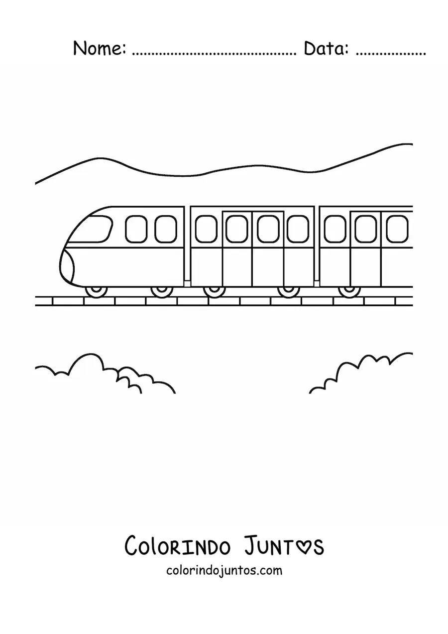 Desenho para colorir de um trem-bala sobre trilhos