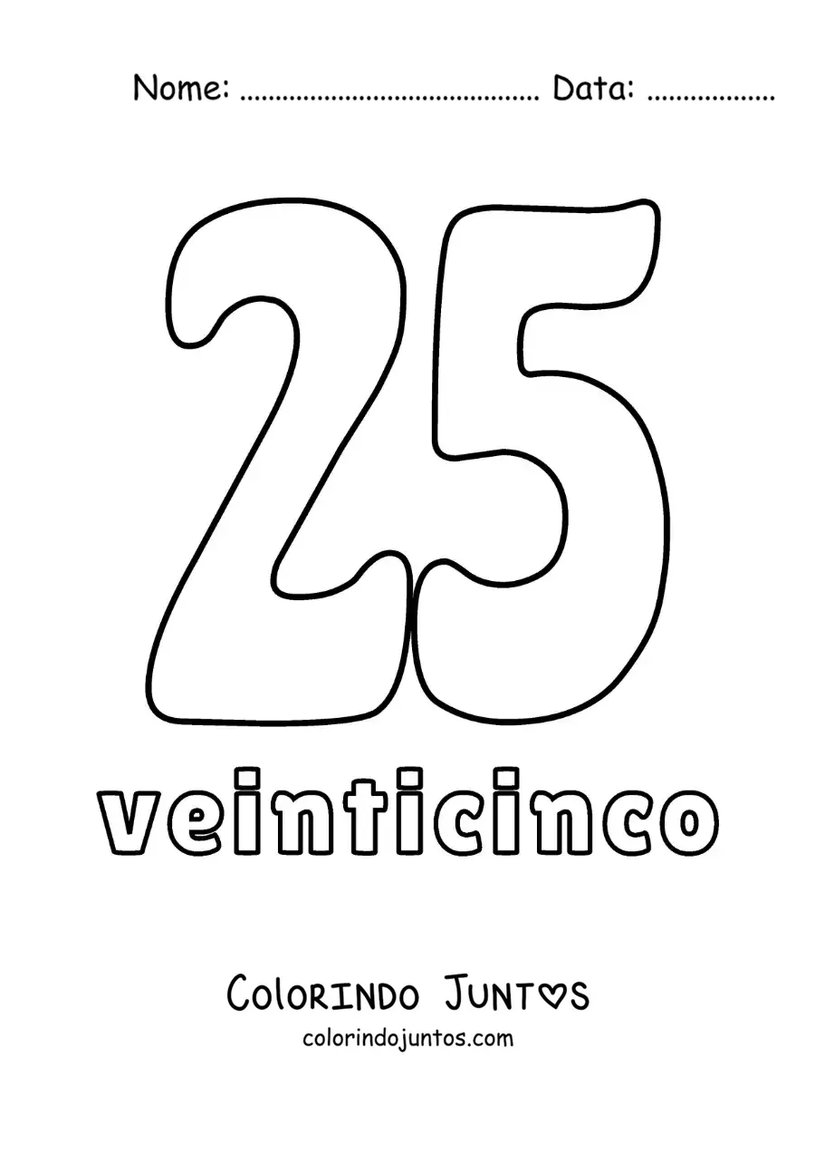 Desenho para colorir de ficha do número 25 para aprender os números naturais
