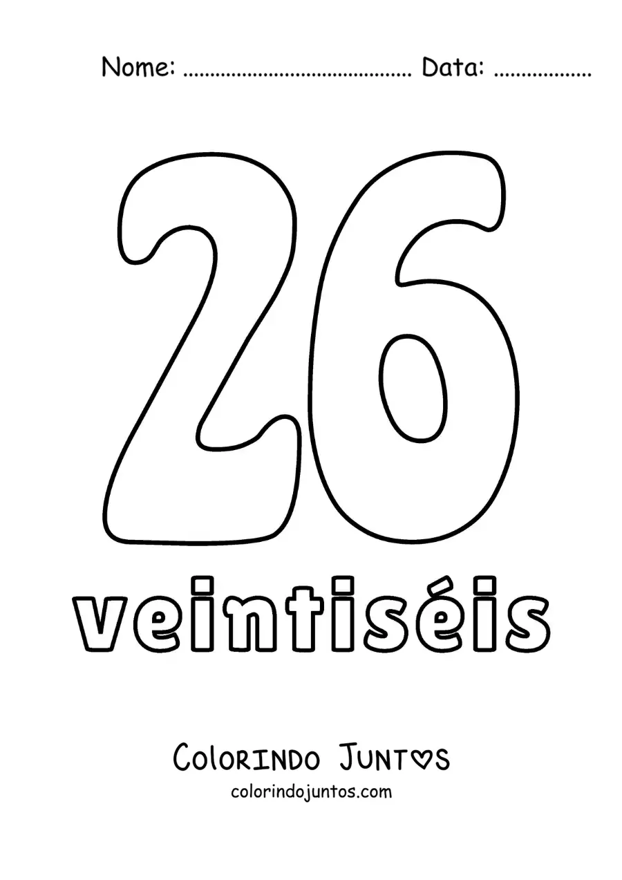 Desenho para colorir de ficha do número 26 para aprender os números naturais