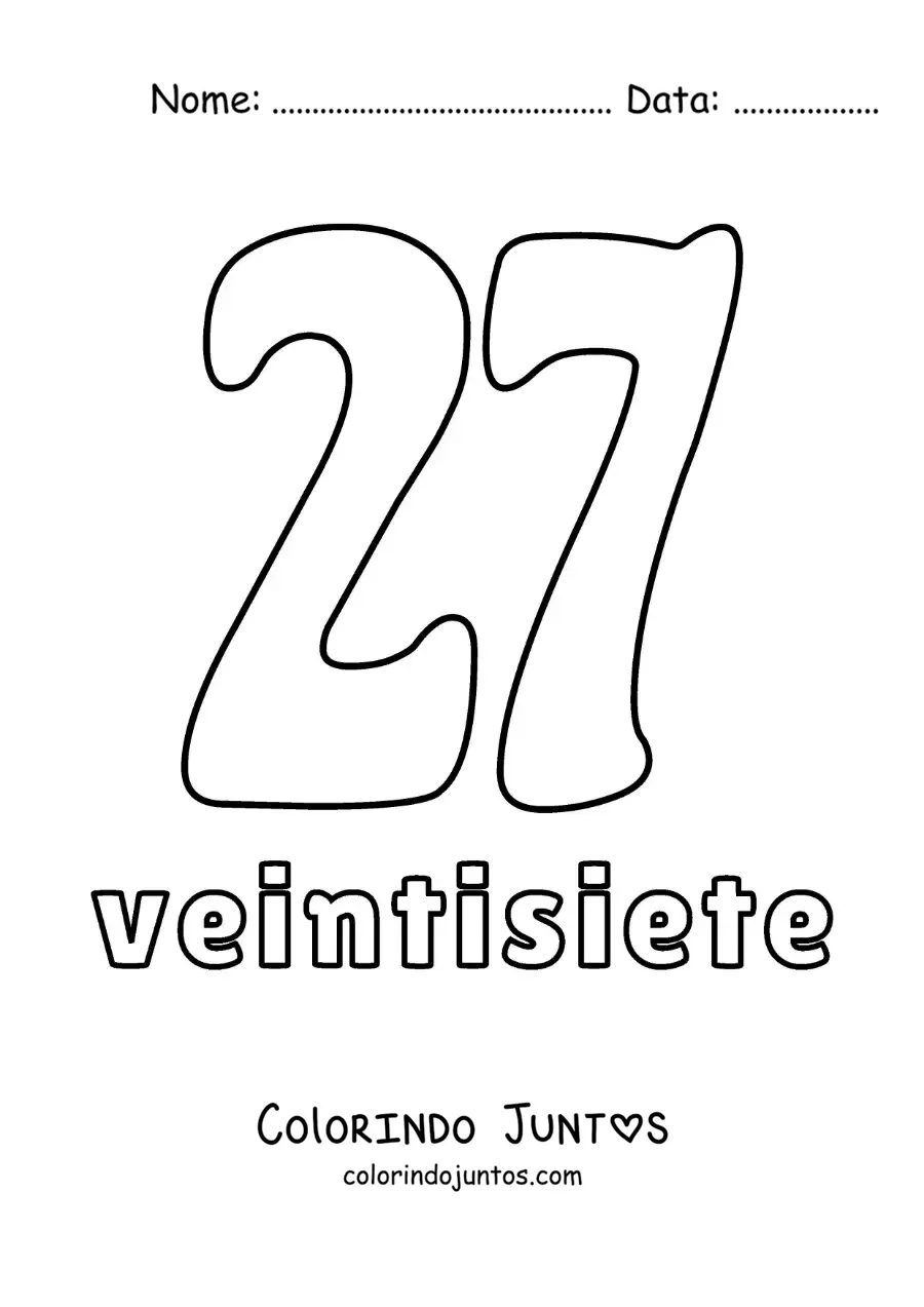 Desenho para colorir de ficha do número 27 para aprender os números naturais