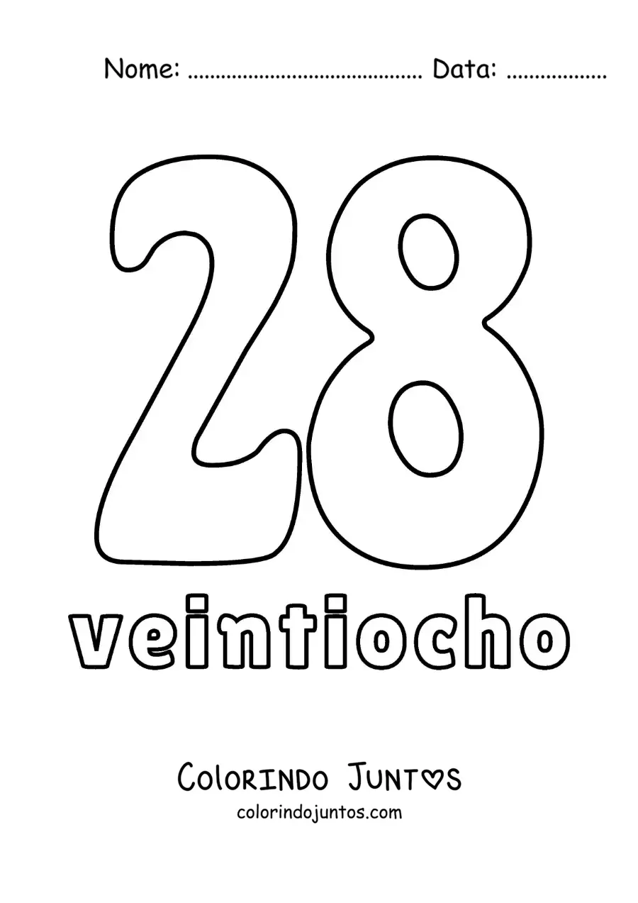 Desenho para colorir de ficha do número 28 para aprender os números naturais