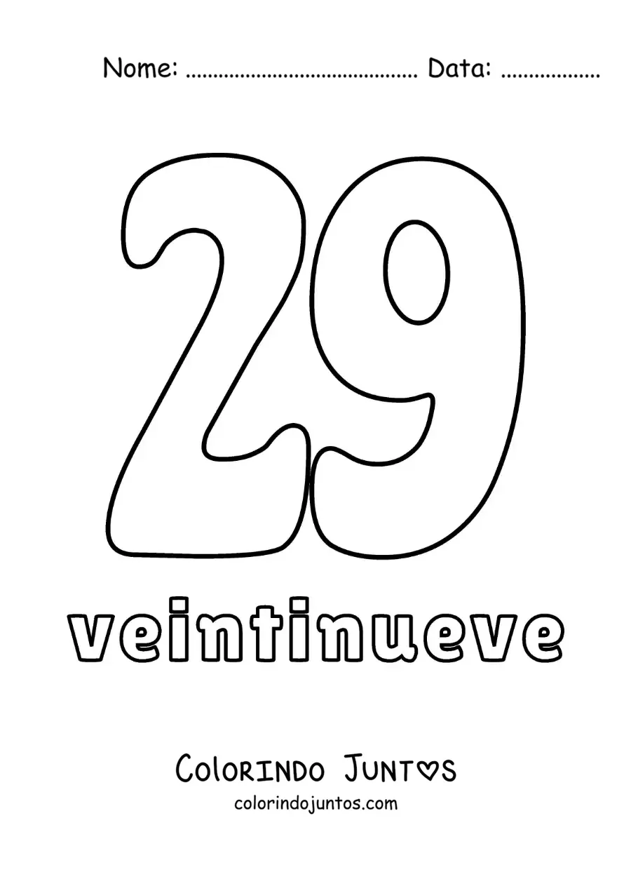 Desenho para colorir de ficha do número 29 para aprender os números naturais