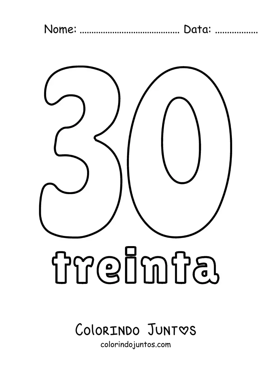 Desenho para colorir de ficha do número 30 para aprender os números naturais