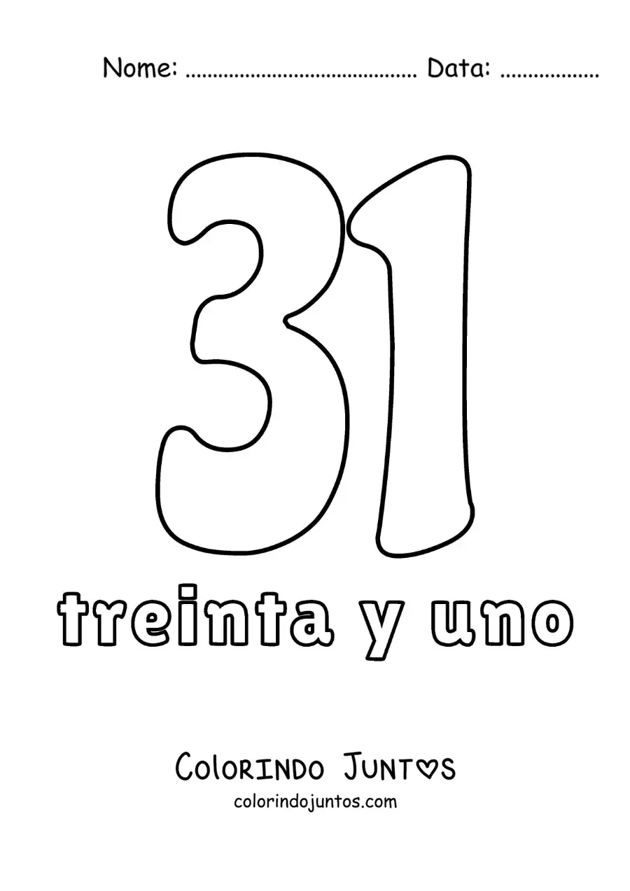 Desenho para colorir de ficha do número 31 para aprender os números naturais