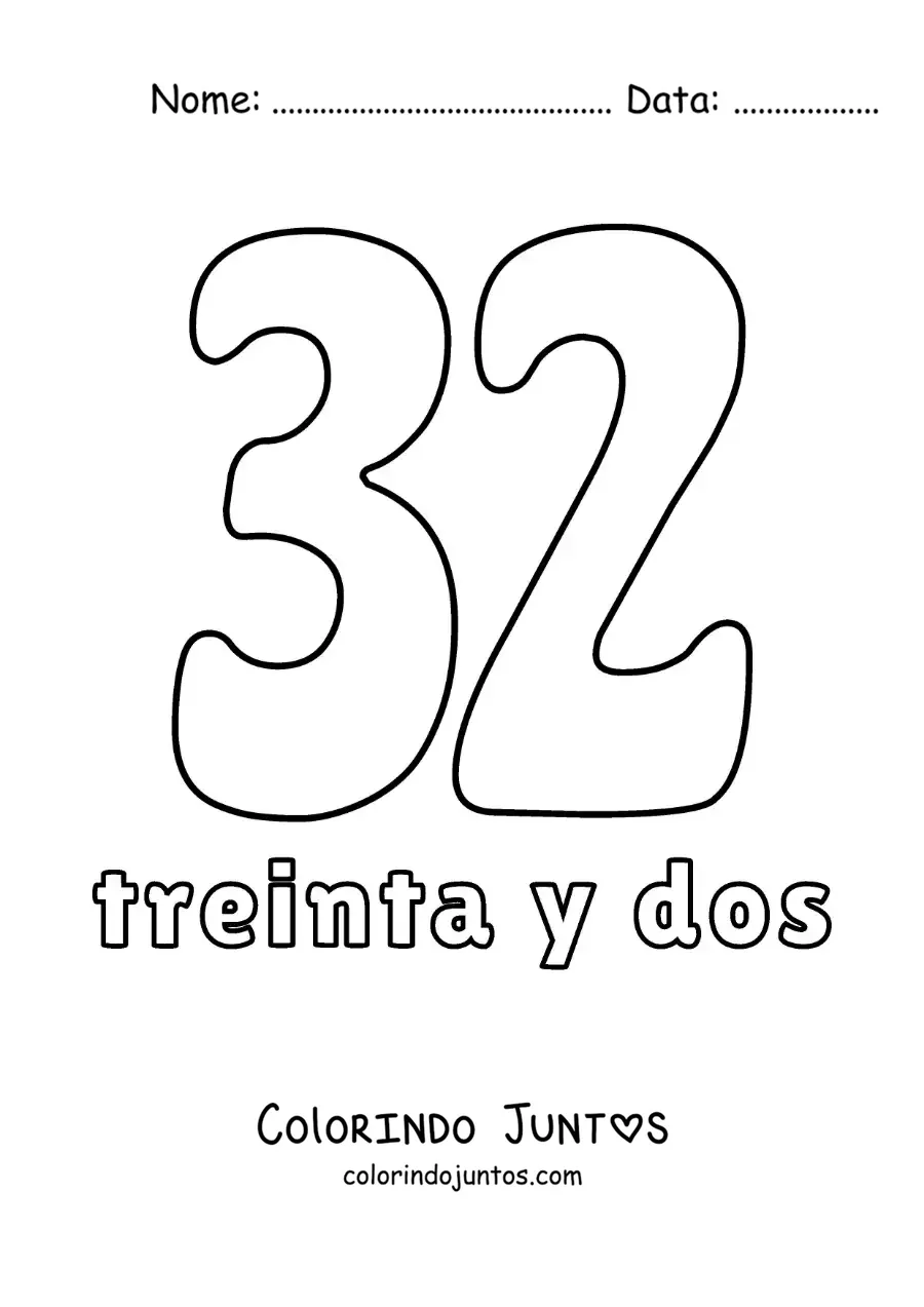Desenho para colorir de ficha do número 32 para aprender os números naturais