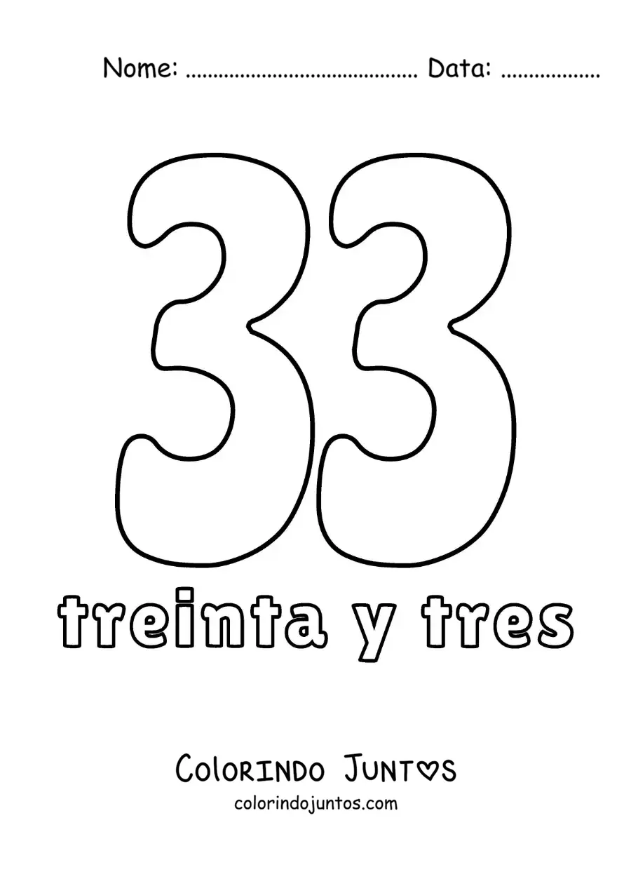 Desenho para colorir de ficha do número 33 para aprender os números naturais