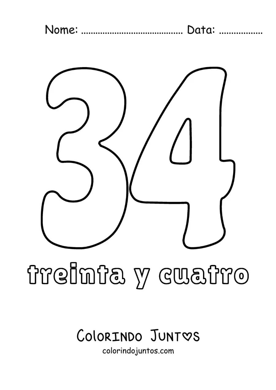Desenho para colorir de ficha do número 34 para aprender os números naturais