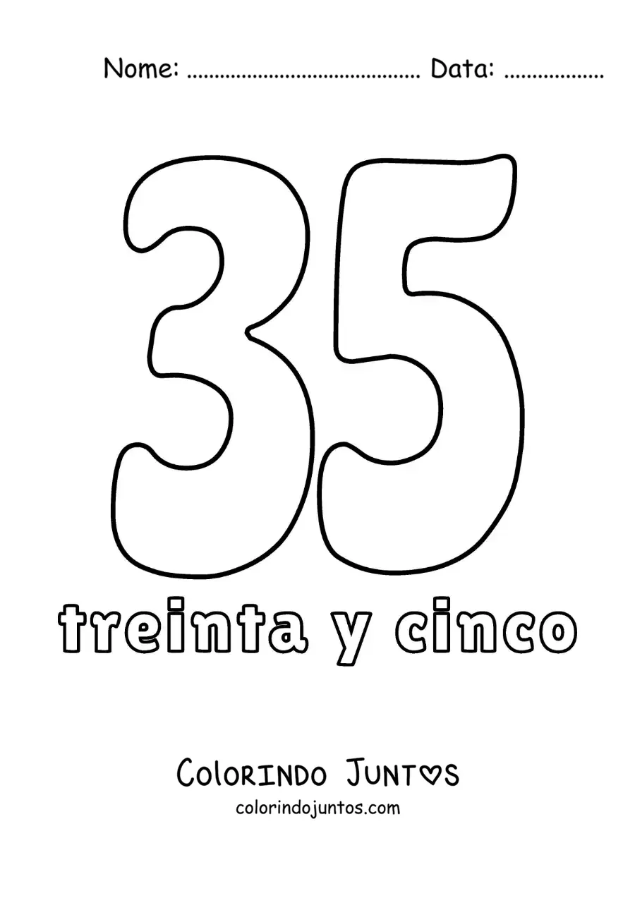 Desenho para colorir de ficha do número 35 para aprender os números naturais