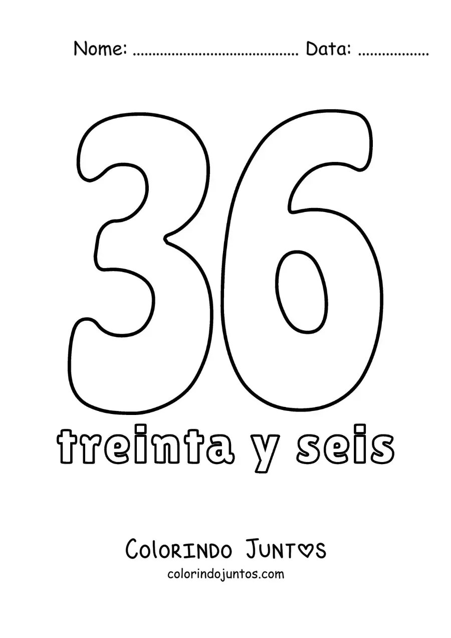 Desenho para colorir de ficha do número 36 para aprender os números naturais