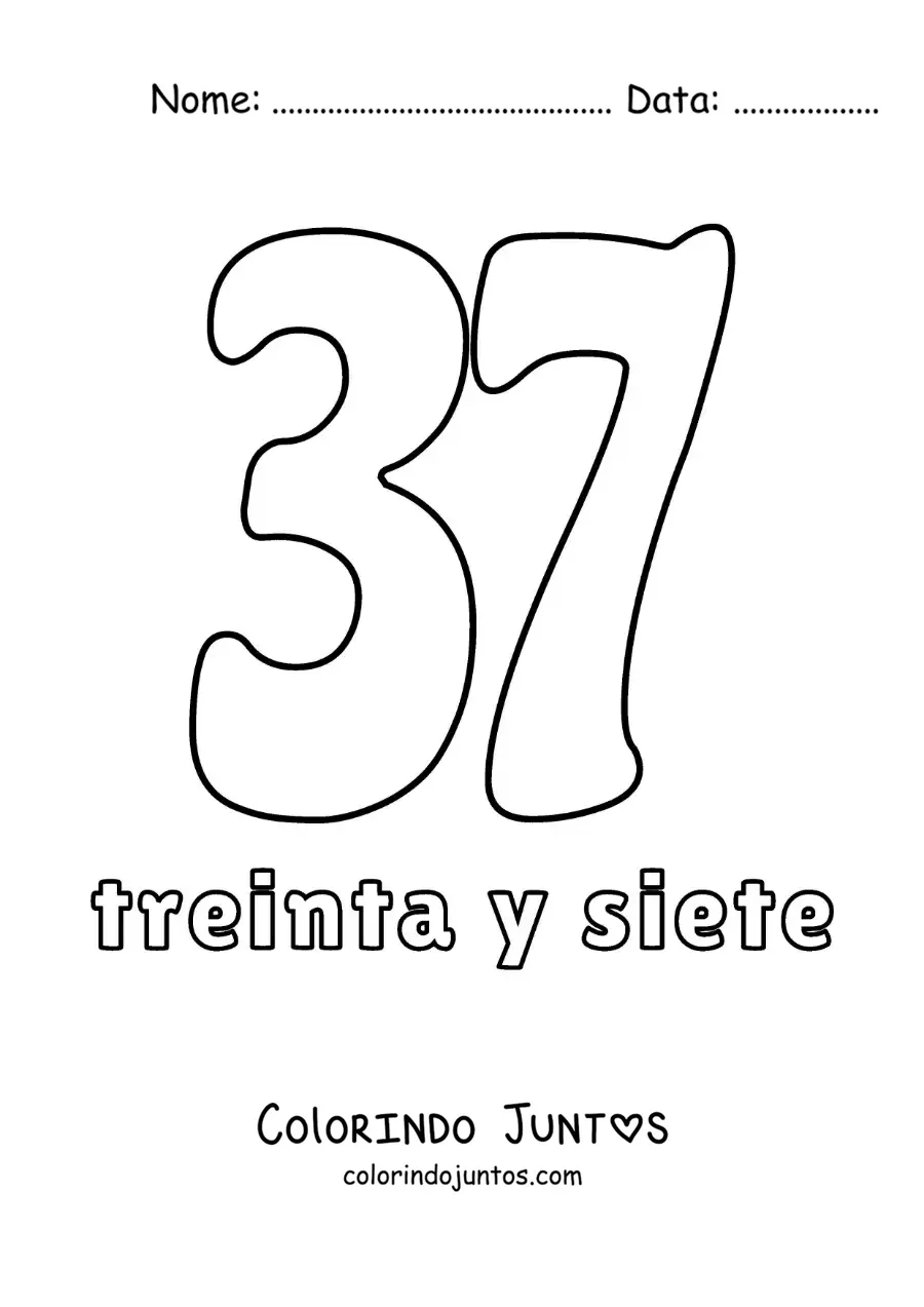 Desenho para colorir de ficha do número 37 para aprender os números naturais