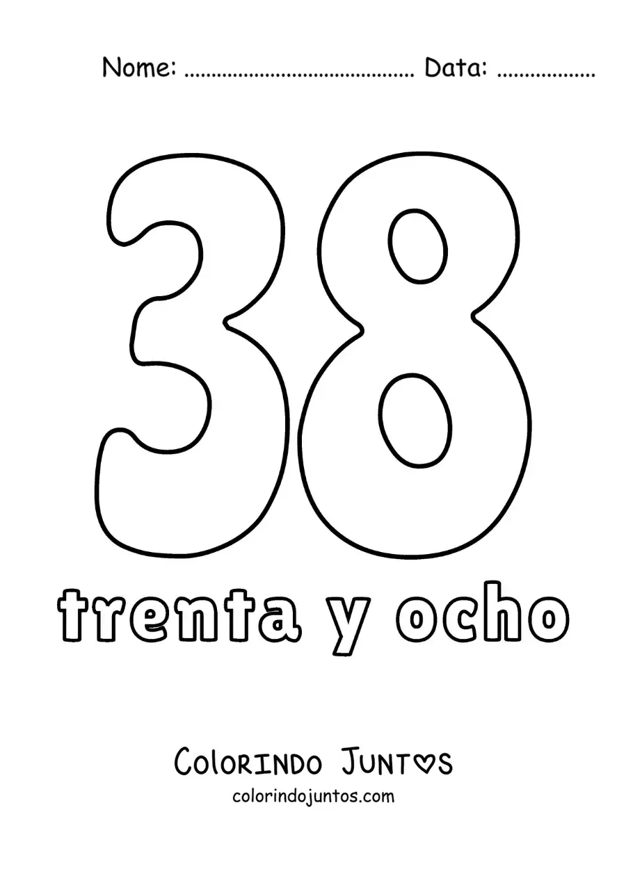 Desenho para colorir de ficha do número 38 para aprender os números naturais