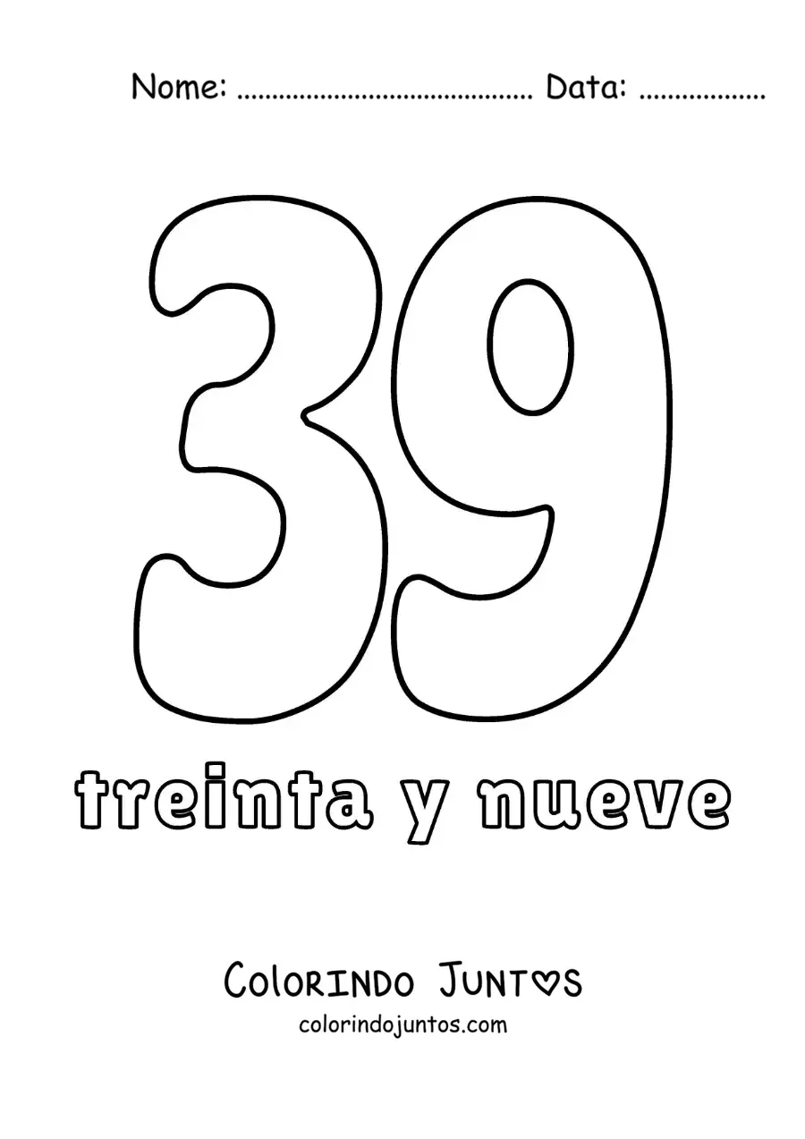 Desenho para colorir de ficha do número 39 para aprender os números naturais