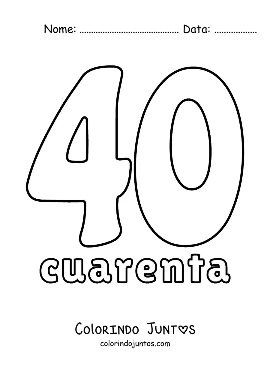 Desenho para colorir de ficha do número 40 para aprender os números naturais
