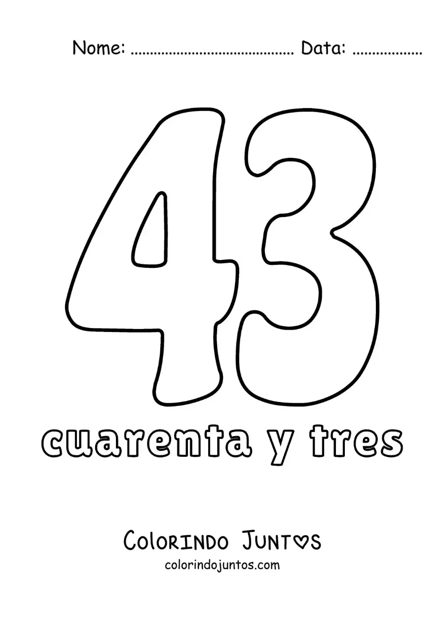 Desenho para colorir de ficha do número 43 para aprender os números naturais