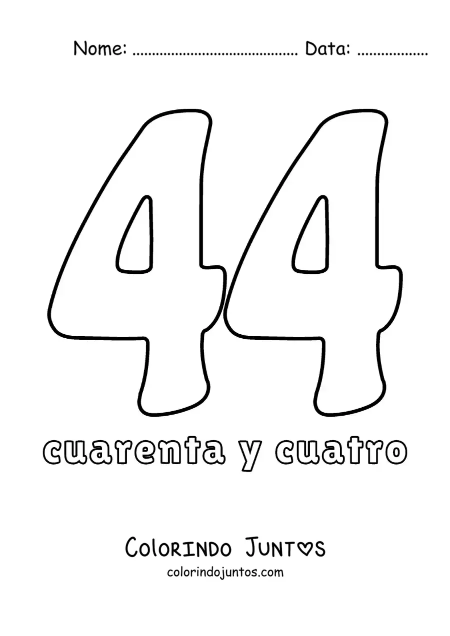 Desenho para colorir de ficha do número 44 para aprender os números naturais