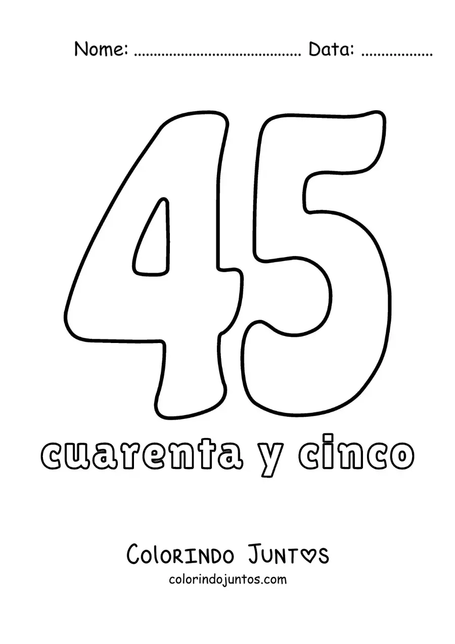 Desenho para colorir de ficha do número 45 para aprender os números naturais
