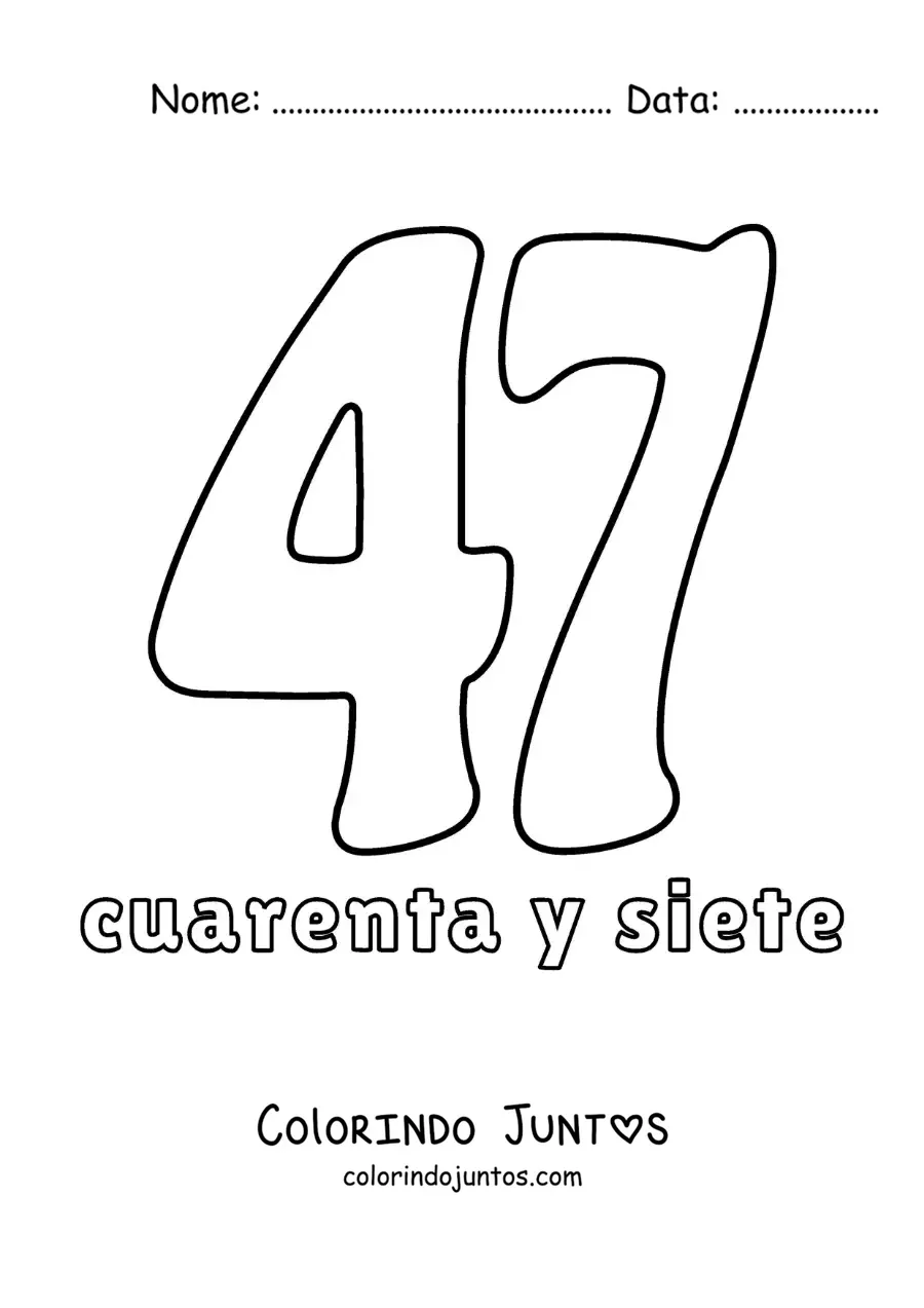 Desenho para colorir de ficha do número 47 para aprender os números naturais