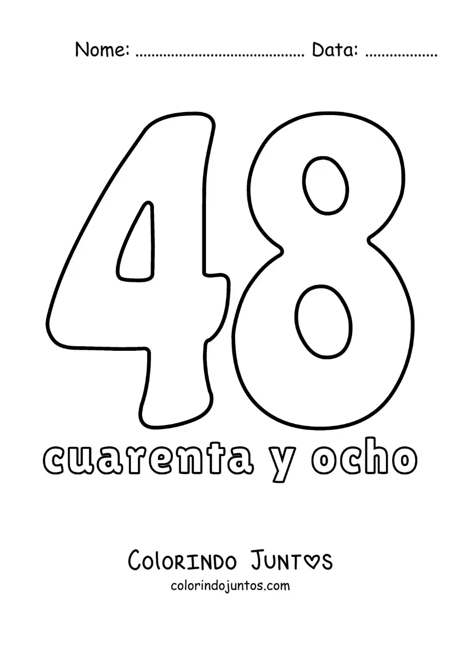 Desenho para colorir de ficha do número 48 para aprender os números naturais