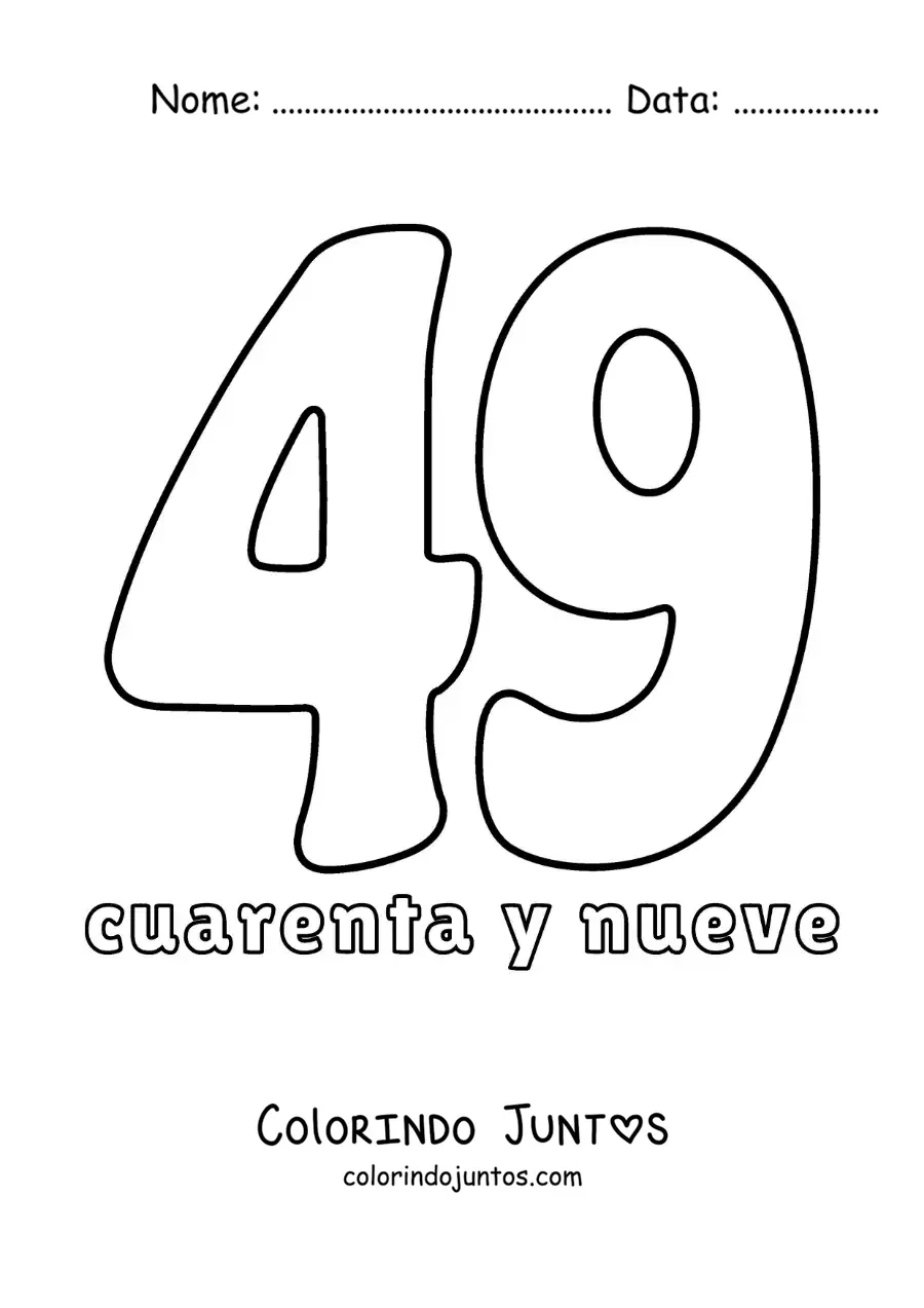 Desenho para colorir de ficha do número 49 para aprender os números naturais