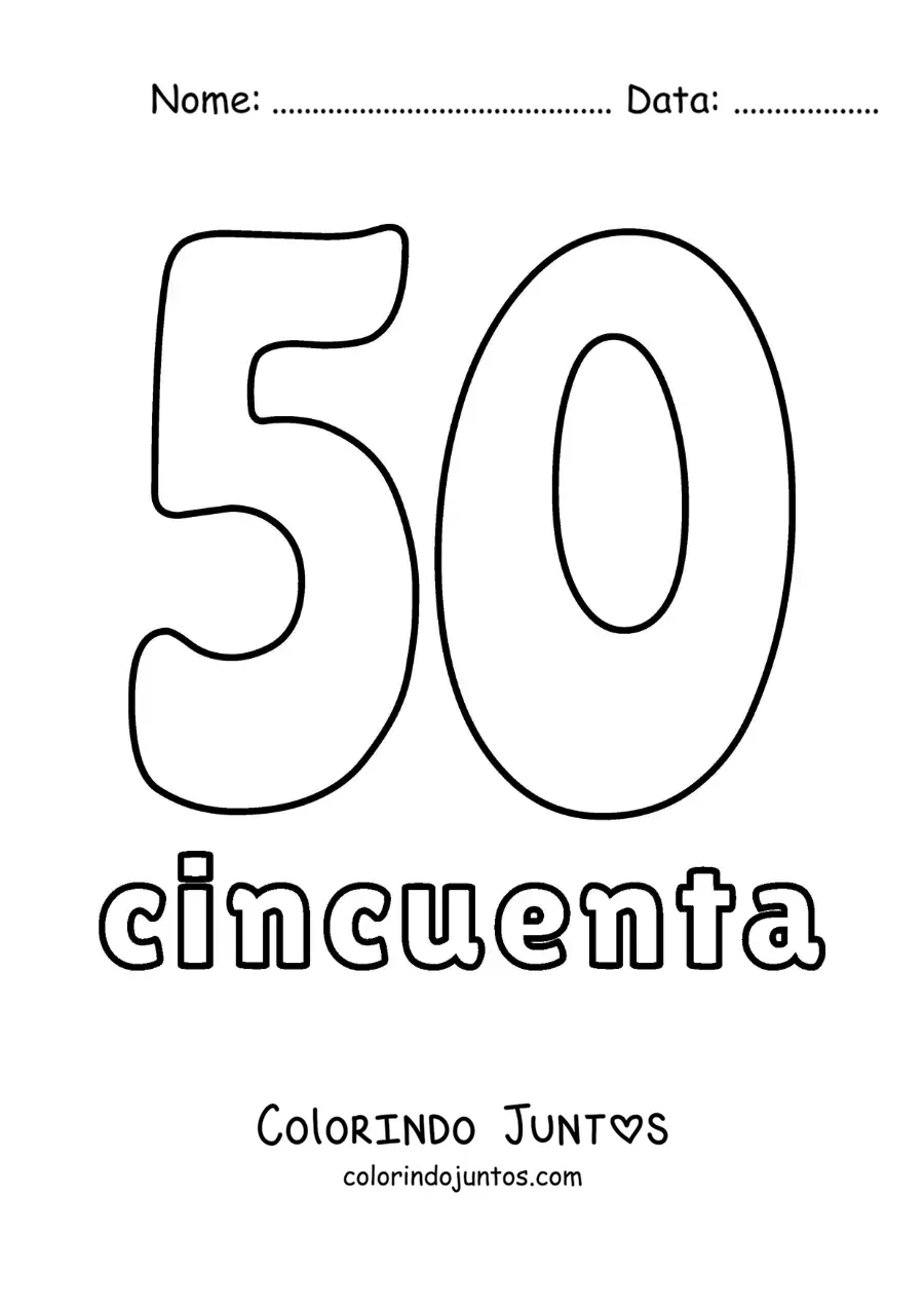 Desenho para colorir de ficha do número 50 para aprender os números naturais