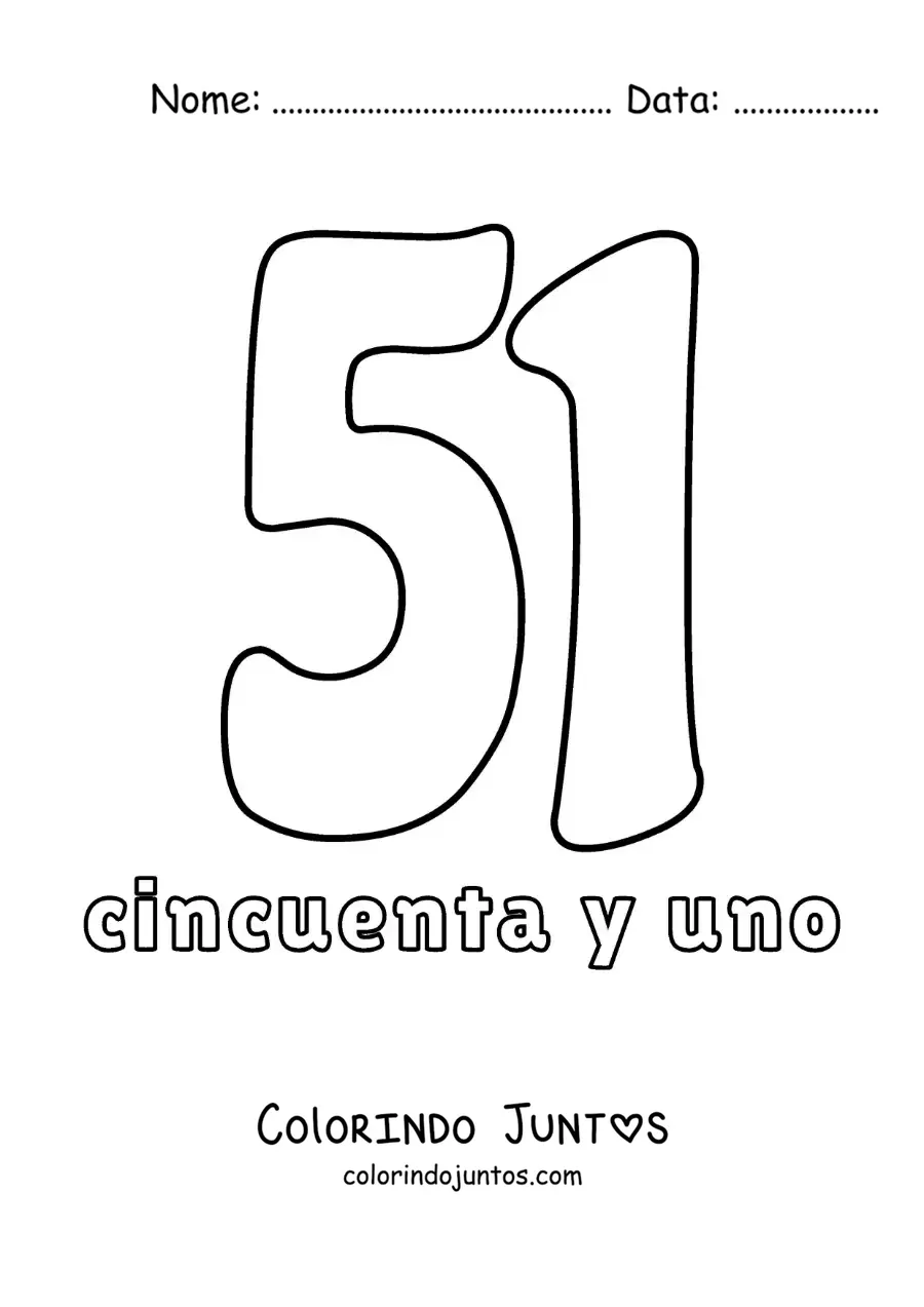 Desenho para colorir de ficha do número 51 para aprender os números naturais
