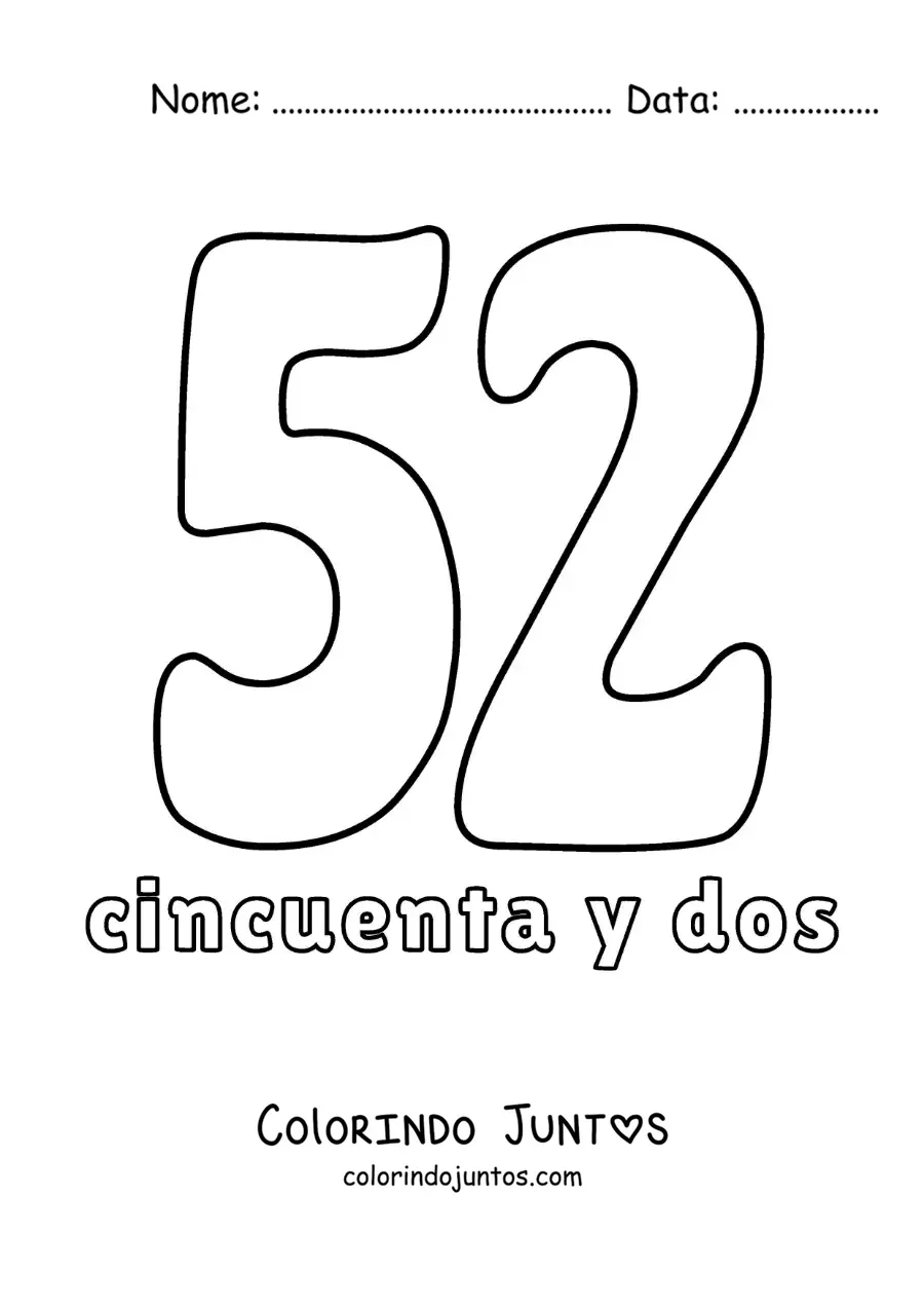 Desenho para colorir de ficha do número 52 para aprender os números naturais