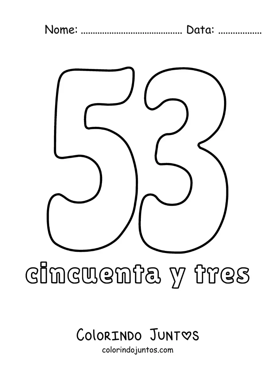 Desenho para colorir de ficha do número 53 para aprender os números naturais