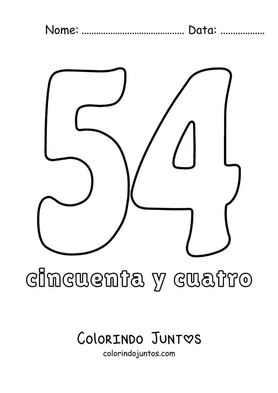 Desenho para colorir de ficha do número 54 para aprender os números naturais