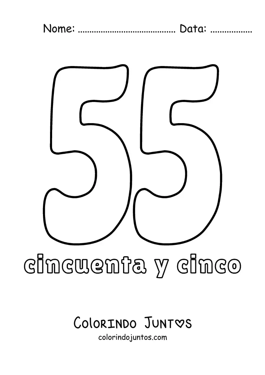 Desenho para colorir de ficha do número 55 para aprender os números naturais