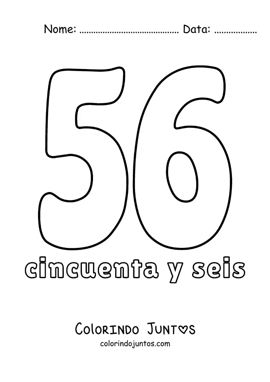 Desenho para colorir de ficha do número 56 para aprender os números naturais