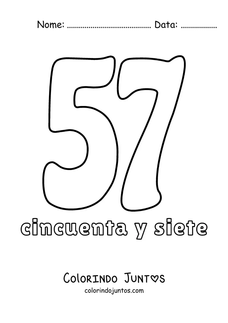 Desenho para colorir de ficha do número 57 para aprender os números naturais