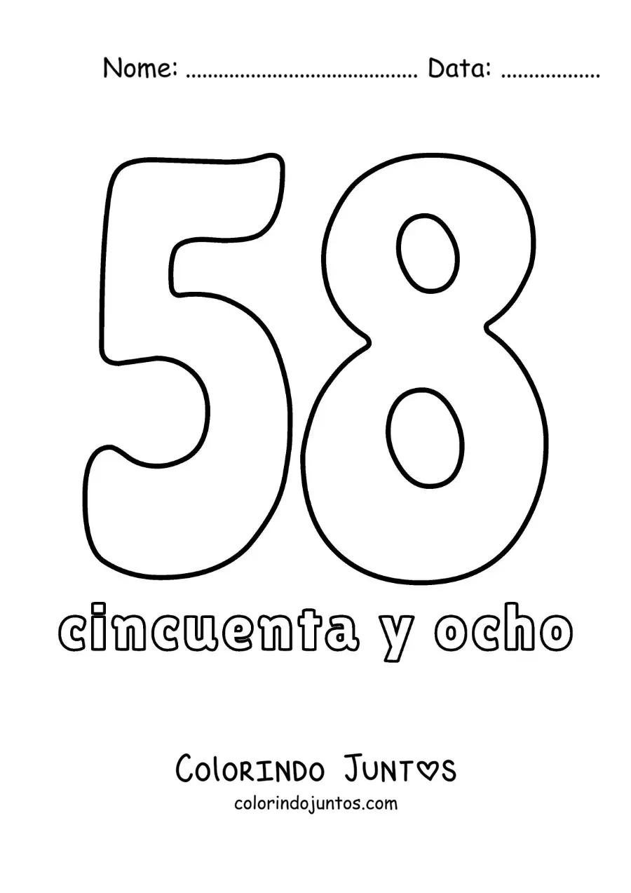 Desenho para colorir de ficha do número 58 para aprender os números naturais